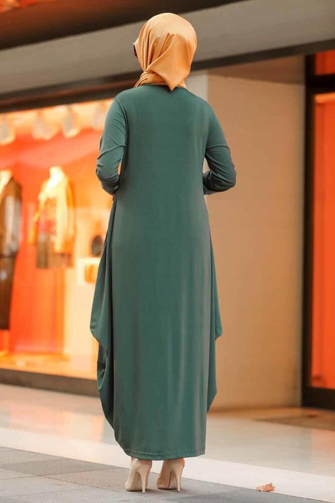 Neva Style - Etnik Desen Detaylı Yeşil Tesettür Elbise 9540Y - 3
