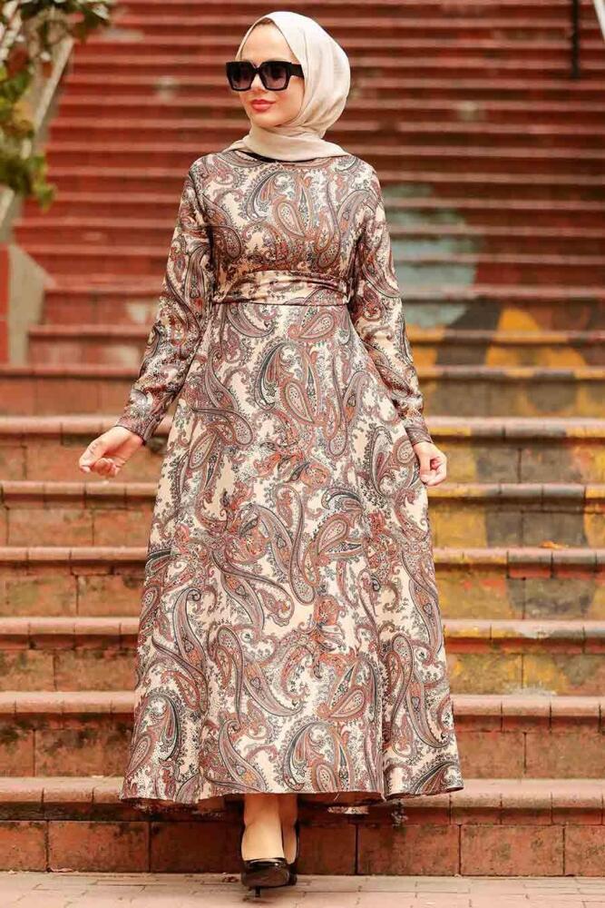 Neva Style - Etnik Desenli Bej Tesettür Elbise 7591BEJ - 1