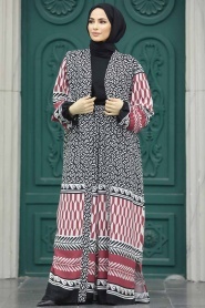Neva Style - Etnik Desenli Bordo Tesettür Kimono İkili Takım 50042BR - Thumbnail
