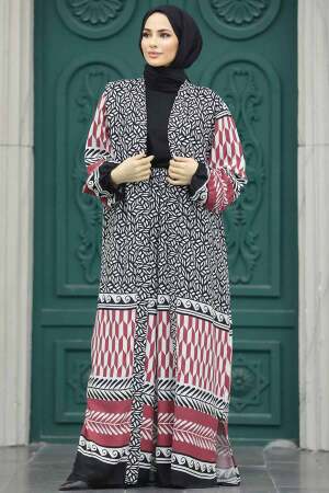  Etnik Desenli Bordo Tesettür Kimono İkili Takım 50042BR - 3