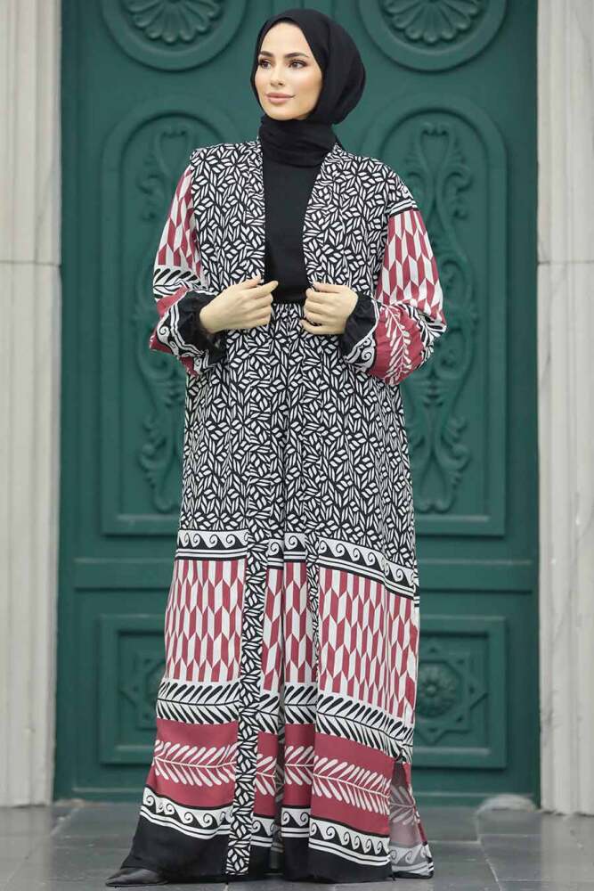  Etnik Desenli Bordo Tesettür Kimono İkili Takım 50042BR - 3