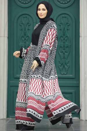  Etnik Desenli Bordo Tesettür Kimono İkili Takım 50042BR - 1