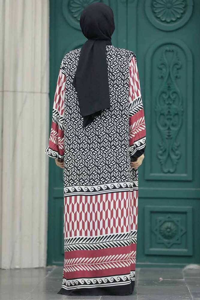  Etnik Desenli Bordo Tesettür Kimono İkili Takım 50042BR - 4