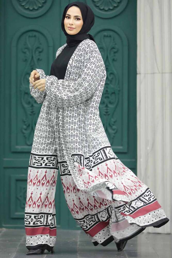 Neva Style - Etnik Desenli Ekru Tesettür Kimono İkili Takım 50042E - 1