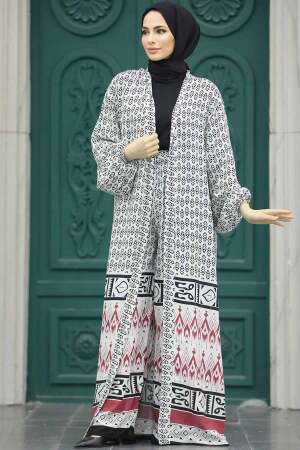 Neva Style - Etnik Desenli Ekru Tesettür Kimono İkili Takım 50042E - 2