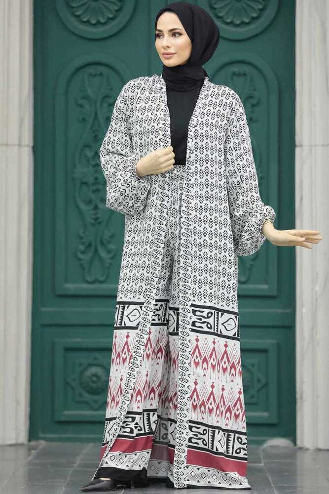 Neva Style - Etnik Desenli Ekru Tesettür Kimono İkili Takım 50042E - 2