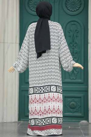 Neva Style - Etnik Desenli Ekru Tesettür Kimono İkili Takım 50042E - 3