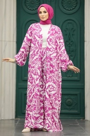 Neva Style - Etnik Desenli Fuşya Tesettür Kimono İkili Takım 50044F - Thumbnail