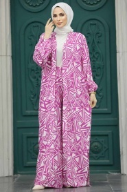 Neva Style - Etnik Desenli Fuşya Tesettür Kimono İkili Takım 50048F - Thumbnail