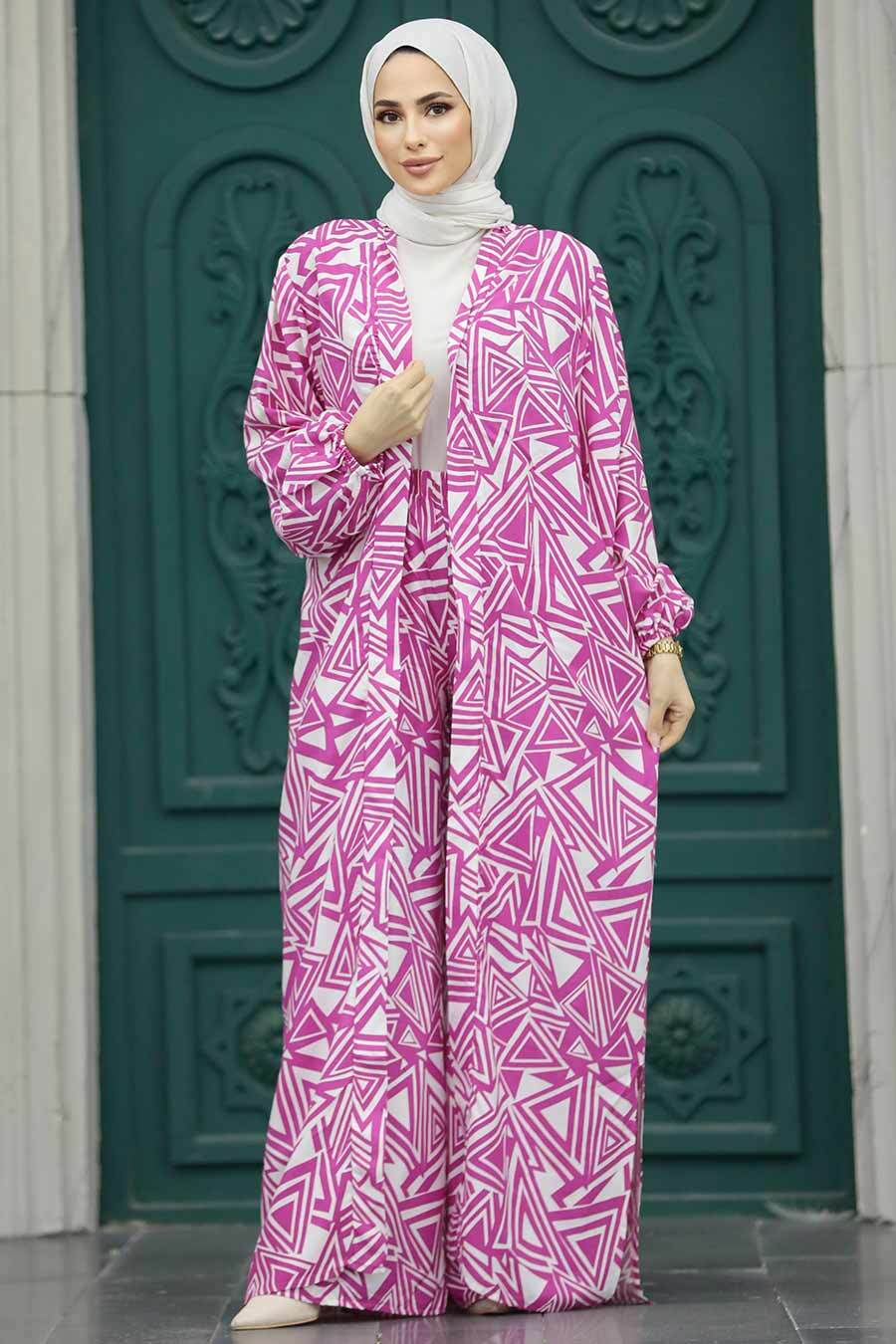 Neva Style - Etnik Desenli Fuşya Tesettür Kimono İkili Takım 50048F