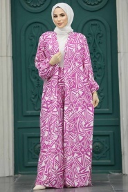 Neva Style - Etnik Desenli Fuşya Tesettür Kimono İkili Takım 50048F - Thumbnail
