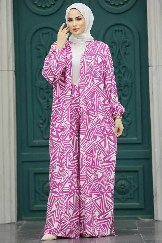  Etnik Desenli Fuşya Tesettür Kimono İkili Takım 50048F - 3