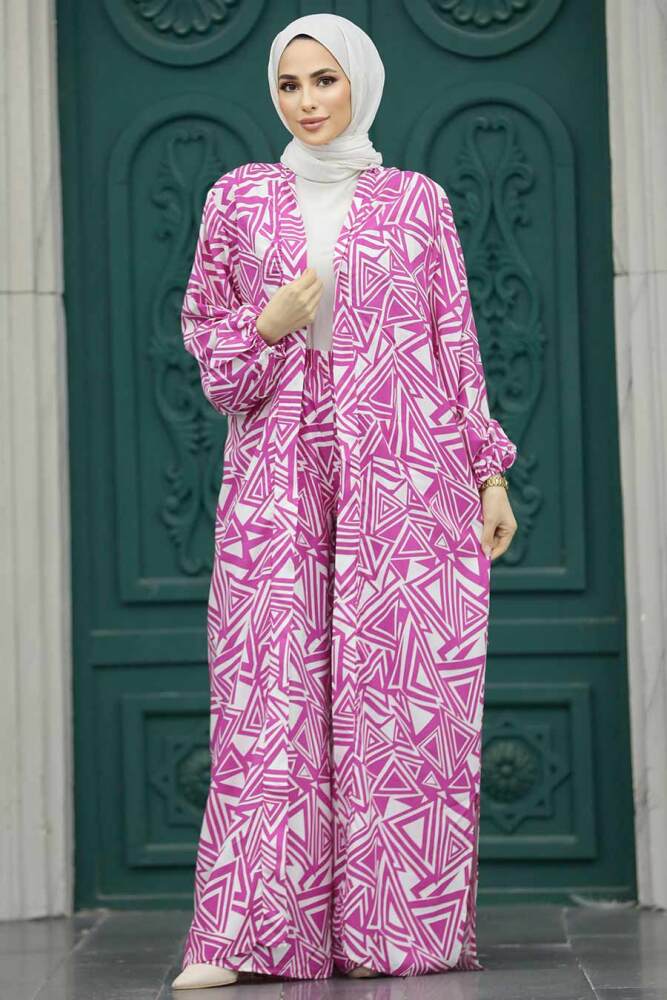  Etnik Desenli Fuşya Tesettür Kimono İkili Takım 50048F - 2