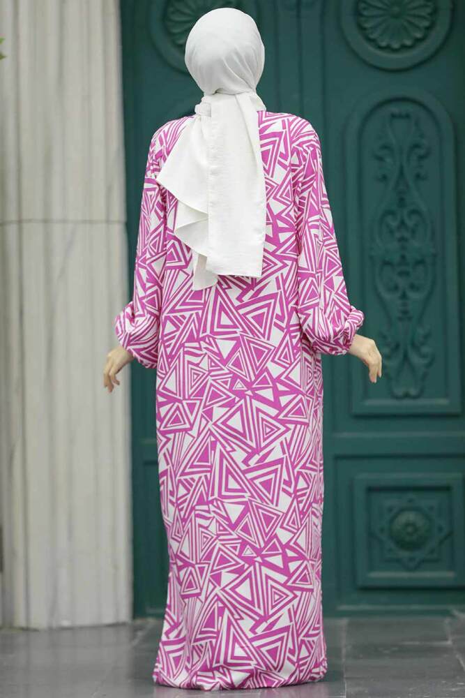  Etnik Desenli Fuşya Tesettür Kimono İkili Takım 50048F - 4
