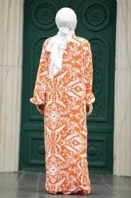 Neva Style - Etnik Desenli Turuncu Tesettür Kimono İkili Takım 50044T - Thumbnail