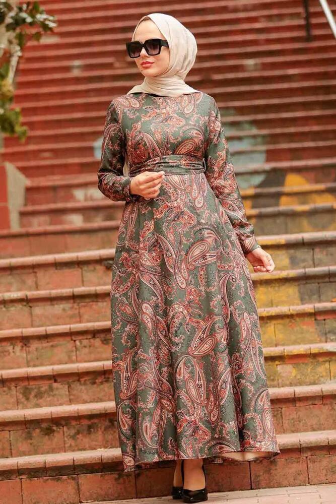Neva Style - Etnik Desenli Haki Tesettür Elbise 7591HK - 1