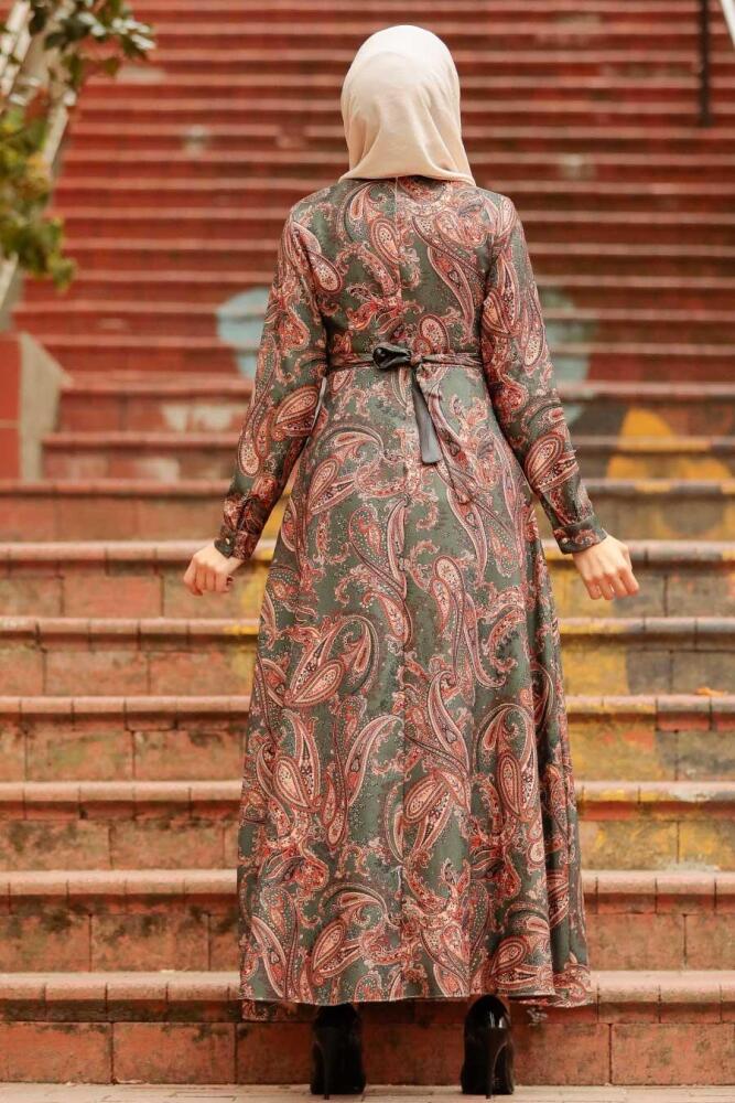 Neva Style - Etnik Desenli Haki Tesettür Elbise 7591HK - 2