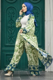 Neva Style - Etnik Desenli Haki Tesettür Kimono İkili Takım 50047HK - Thumbnail