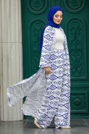 Neva Style - Etnik Desenli İndigo Mavisi Tesettür Kimono İkili Takım 50042IM - Thumbnail