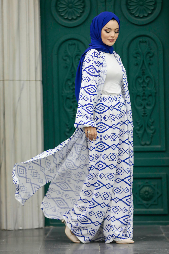 Neva Style - Etnik Desenli İndigo Mavisi Tesettür Kimono İkili Takım 50042IM - 2