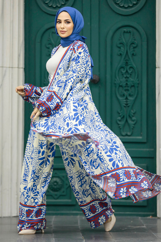 Neva Style - Etnik Desenli İndigo Mavisi Tesettür Kimono İkili Takım 50047IM - 3