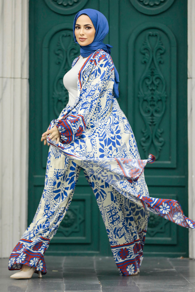 Neva Style - Etnik Desenli İndigo Mavisi Tesettür Kimono İkili Takım 50047IM - 2