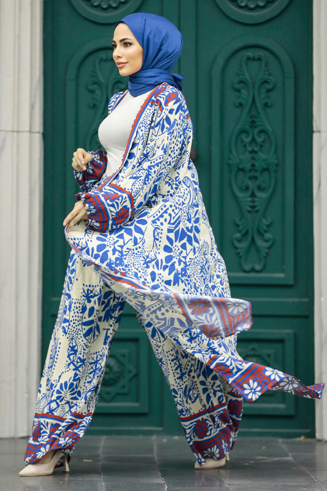 Neva Style - Etnik Desenli İndigo Mavisi Tesettür Kimono İkili Takım 50047IM - 1