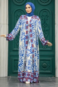 Neva Style - Etnik Desenli İndigo Mavisi Tesettür Kimono İkili Takım 50047IM - Thumbnail