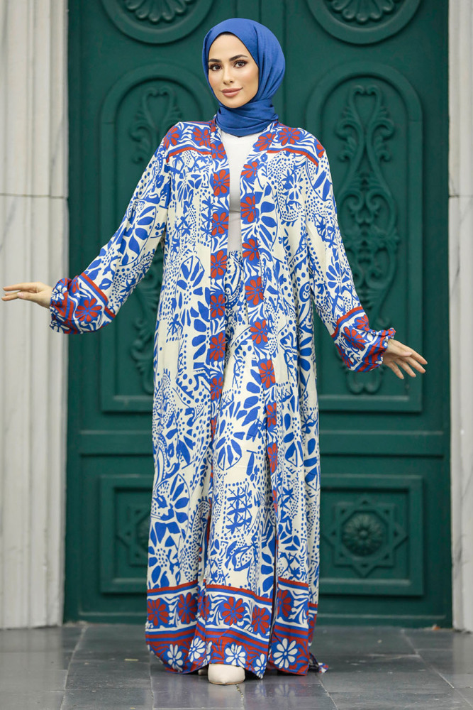 Neva Style - Etnik Desenli İndigo Mavisi Tesettür Kimono İkili Takım 50047IM - 4