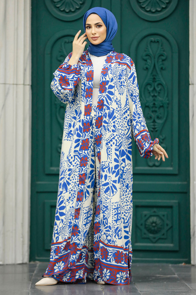 Neva Style - Etnik Desenli İndigo Mavisi Tesettür Kimono İkili Takım 50047IM - 5