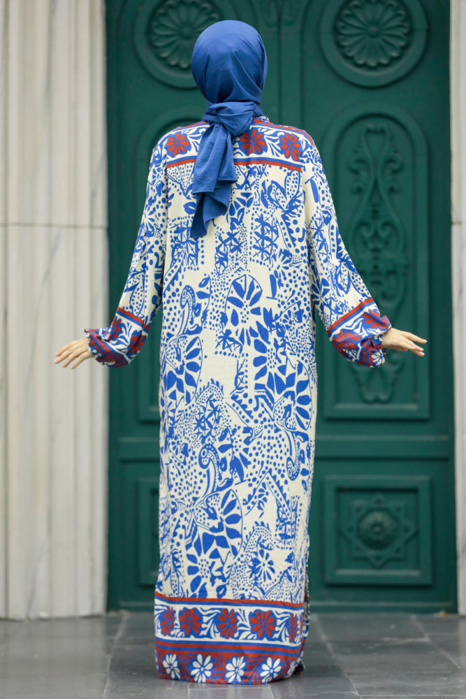 Neva Style - Etnik Desenli İndigo Mavisi Tesettür Kimono İkili Takım 50047IM - 6