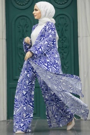 Neva Style - Etnik Desenli İndigo Mavisi Tesettür Kimono İkili Takım 50048IM - Thumbnail