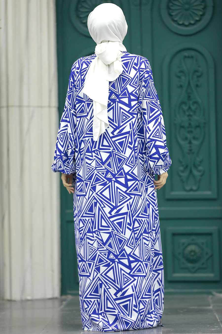 Neva Style - Etnik Desenli İndigo Mavisi Tesettür Kimono İkili Takım 50048IM