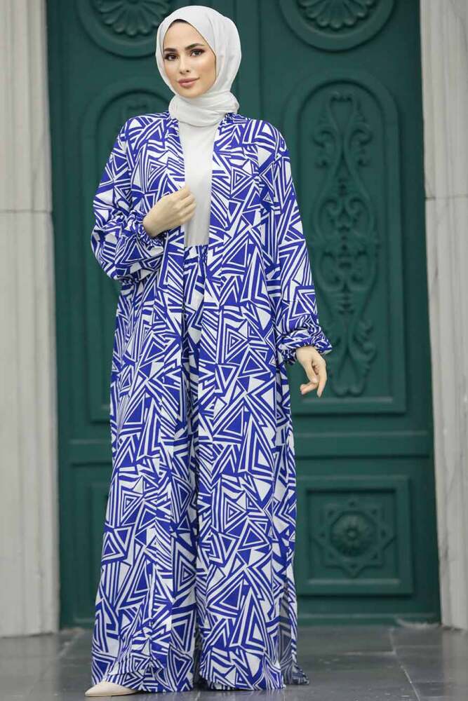 Neva Style - Etnik Desenli İndigo Mavisi Tesettür Kimono İkili Takım 50048IM - 3