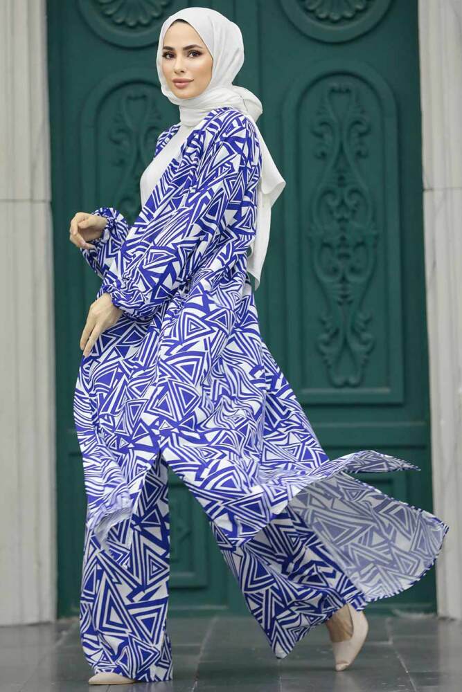 Neva Style - Etnik Desenli İndigo Mavisi Tesettür Kimono İkili Takım 50048IM - NEVA STYLE