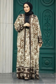 Neva Style - Etnik Desenli Kahverengi Tesettür Kimono İkili Takım 50047KH - Thumbnail