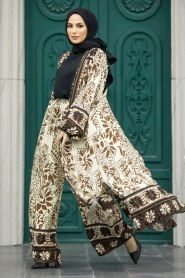 Neva Style - Etnik Desenli Kahverengi Tesettür Kimono İkili Takım 50047KH - Thumbnail