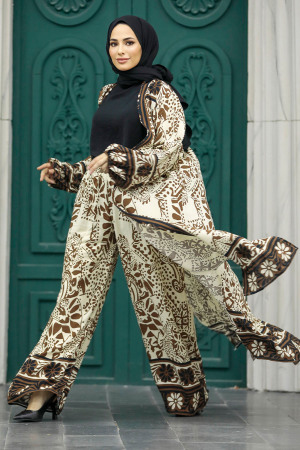  Etnik Desenli Kahverengi Tesettür Kimono İkili Takım 50047KH - 1