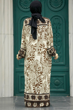  Etnik Desenli Kahverengi Tesettür Kimono İkili Takım 50047KH - 4