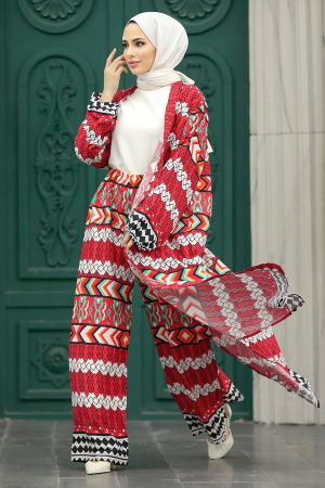  Etnik Desenli Kırmızı Tesettür Kimono İkili Takım 50046K - 1