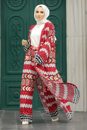  Etnik Desenli Kırmızı Tesettür Kimono İkili Takım 50046K - 2