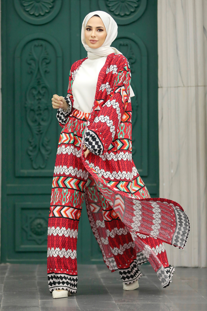  Etnik Desenli Kırmızı Tesettür Kimono İkili Takım 50046K - 2