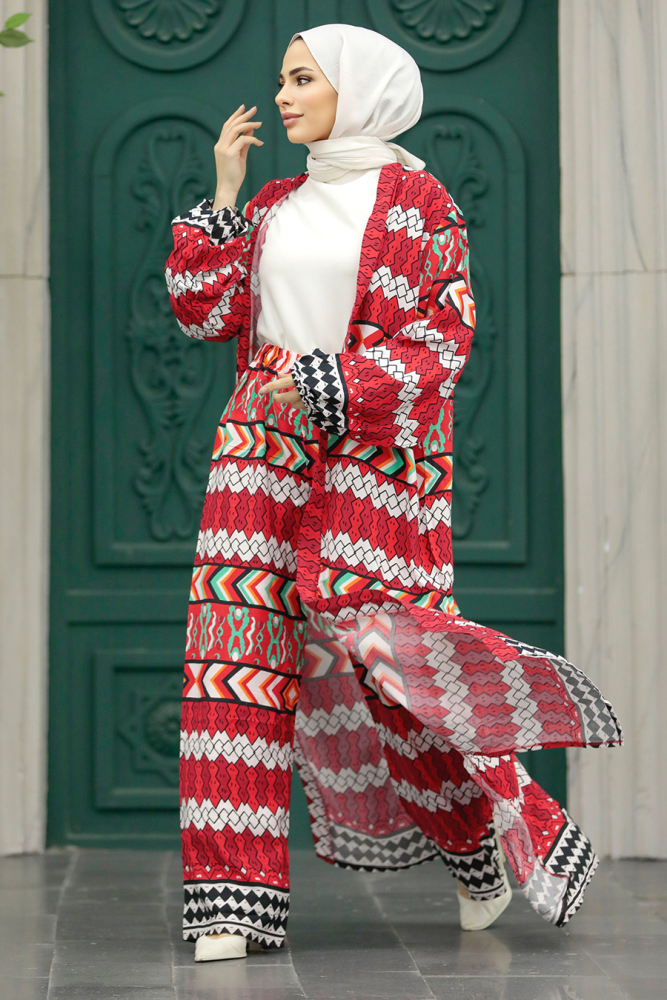  Etnik Desenli Kırmızı Tesettür Kimono İkili Takım 50046K - 3