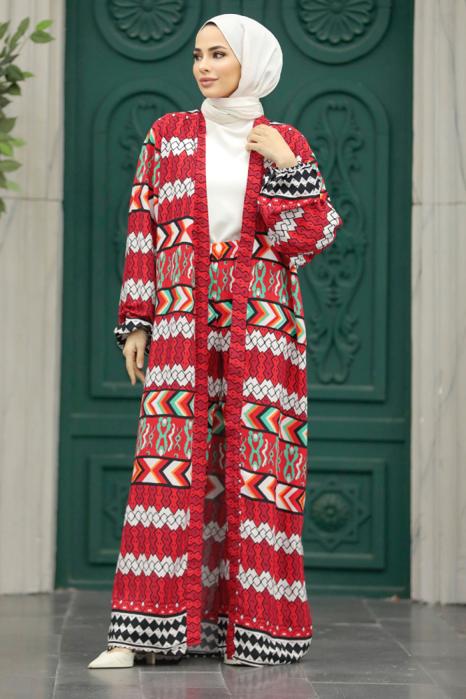  Etnik Desenli Kırmızı Tesettür Kimono İkili Takım 50046K - 4