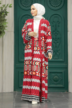  Etnik Desenli Kırmızı Tesettür Kimono İkili Takım 50046K - 5
