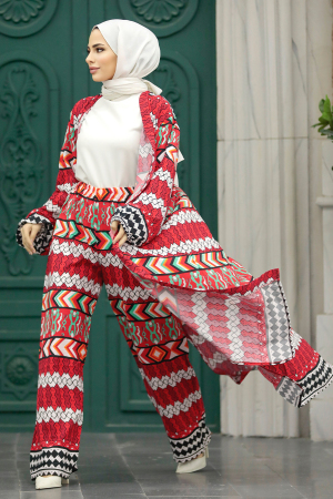  Etnik Desenli Kırmızı Tesettür Kimono İkili Takım 50046K - 6