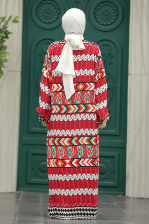  Etnik Desenli Kırmızı Tesettür Kimono İkili Takım 50046K - 7