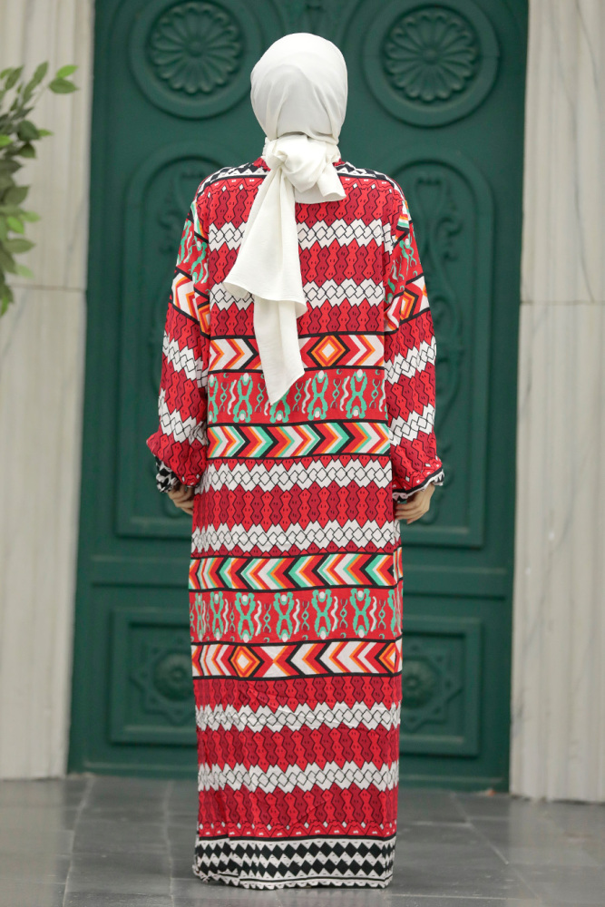  Etnik Desenli Kırmızı Tesettür Kimono İkili Takım 50046K - 7