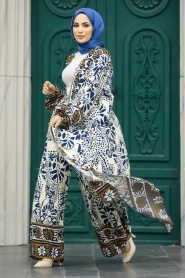 Neva Style - Etnik Desenli Lacivert Tesettür Kimono İkili Takım 50047L - Thumbnail