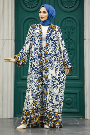 Neva Style - Etnik Desenli Lacivert Tesettür Kimono İkili Takım 50047L - 4